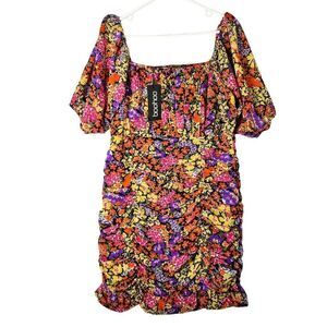 Boohoo Floral Print Ruched Square Neck‎ Mini Dress Multicolor Size M New NWT